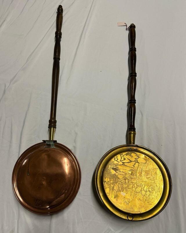 2 Antique Bed Warmers; One Appears to be Copper and 41&rdquo;, One is Artistically-Engraved Solid Brass and 35.5&rdquo;