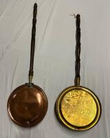 2 Antique Bed Warmers; One Appears to be Copper and 41&rdquo;, One is Artistically-Engraved Solid Brass and 35.5&rdquo;