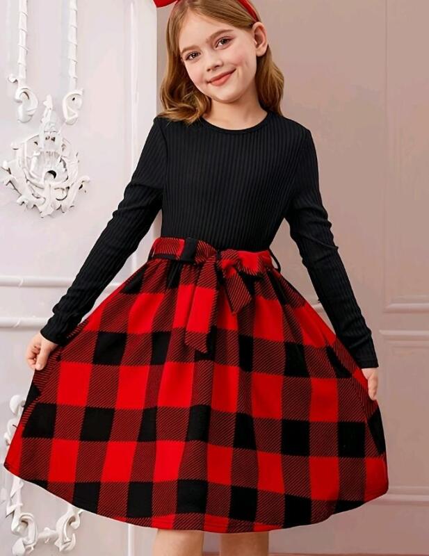 New sz 12Years Girls Plaid Dress with Sash Belt