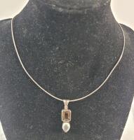 Sterling Silver Smokey Quartz & Moonstone Pendant w/15"Sterling Silver Snake Chain