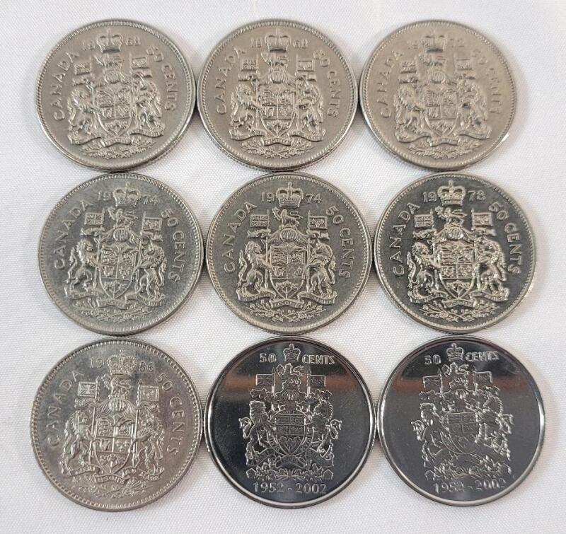 1968 - 2002 Canadian 50 Cent Half Dollars . 1968 &times;2 , 1972 , 1974 &times;2 , 1978 , 1986 & 2002 &times;2 . Nine (9) Coins