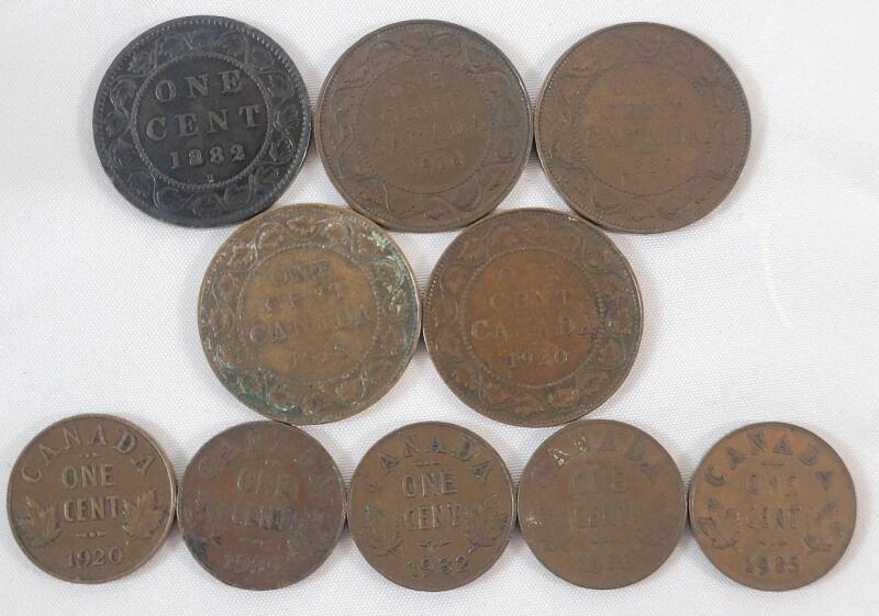 1882 - 1935 Canadian Large & Small One Cent Pennies . Large : 1882 , 1916 , 1917 , 1918 , 1920 . Small : 1920 , 1929 , 1932 , 1933 , 1935 .