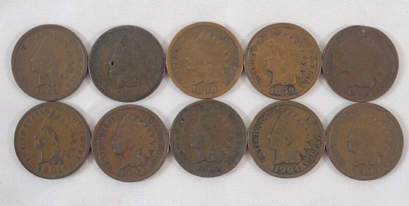1890 - 1905 USA Indian Head One Cent Pennies . 1890 , 1893 , 1898 , 1899 , 1900 , 1901 , 1902 , 1903 , 1904 & 1905 . Ten (10) Coins .