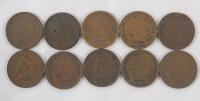 1890 - 1905 USA Indian Head One Cent Pennies . 1890 , 1893 , 1898 , 1899 , 1900 , 1901 , 1902 , 1903 , 1904 & 1905 . Ten (10) Coins .