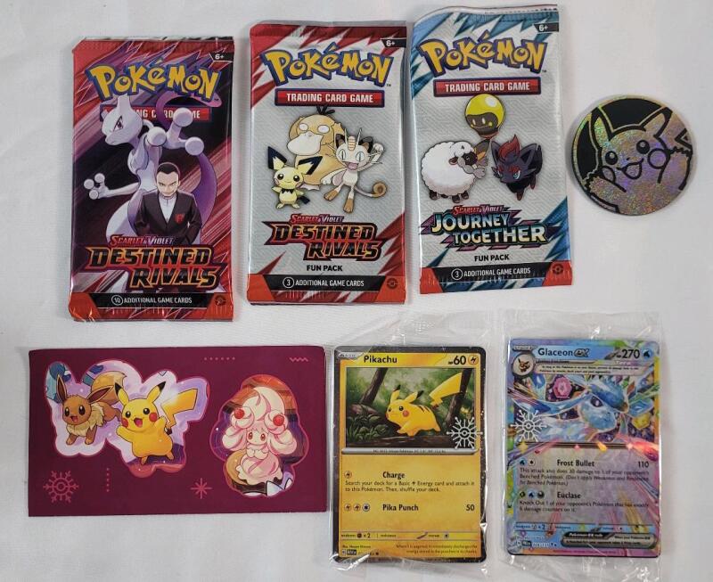 Pok&eacute;mon TCG Lot . Includes : Three (3) Sealed Wax Packs , Two (2) Sealed Cards , Stickers & Game Puck