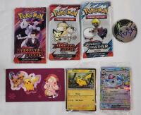 Pok&eacute;mon TCG Lot . Includes : Three (3) Sealed Wax Packs , Two (2) Sealed Cards , Stickers & Game Puck
