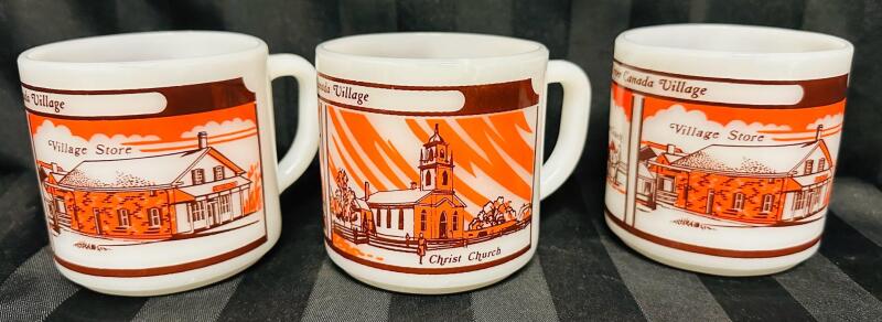 3 Vintage Upper Canada Village Commemorative Milk Glass Mugs - 2 &ldquo;Stage Coach/Village Store&rdquo; and 1 &ldquo;Crysler Hall/Christ Church&rdquo; [Very Minor Imperfection - See Description]