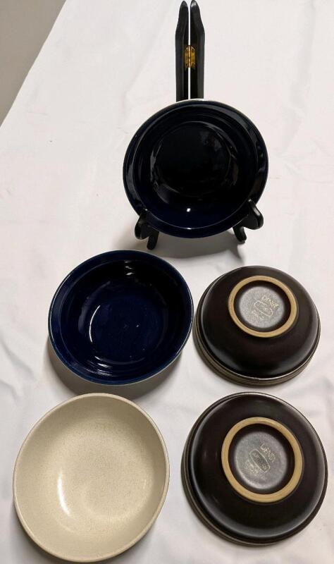5 Denby Cereal Bowls. 3 "Sierra Pinta" Pattern. 2 "Popuri" Pattern. Largest is 6.25" Across.