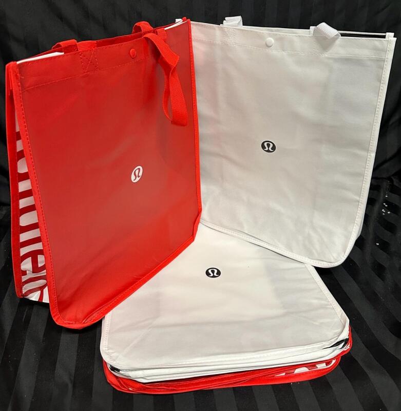10 New Lululemon Branded Reusable Bags with Button Top, 5 Red and 5 White, 17&rdquo; x 14&rdquo; x 6&rdquo;