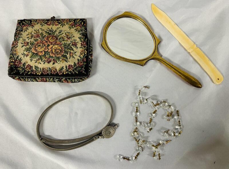 Vintage Women&rsquo;s Dresser/Accessories Lot, Includes Mirror, Bag, Extendable Belt (23&rdquo;+) and More - See Photos