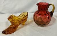 2 Vintage to Antique Glass Pieces, Includes Vintage Fenton Shoe Art (6&rdquo; x 3&rdquo;) and Antique Cranberry Vase (4.5&rdquo; Tall)