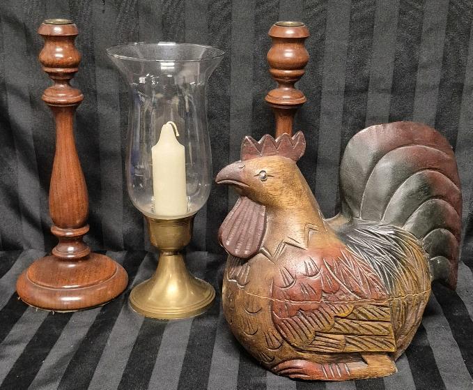 Vintage Wooden & Brass Home Decor - Solid Brass Base Candle Holder, Candle Holders & Hen