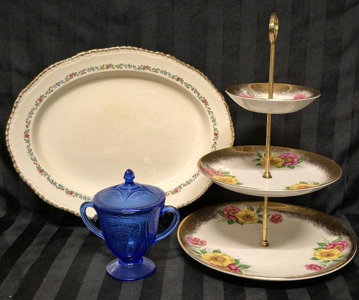 Vintage Serving Kitchen Lot - Large Platter 14" L England, Blue Glass Sugar 6" Tall & 3 Tier Cake Stand Falcon Ware England 14" Tall