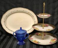 Vintage Serving Kitchen Lot - Large Platter 14" L England, Blue Glass Sugar 6" Tall & 3 Tier Cake Stand Falcon Ware England 14" Tall