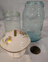 4 Vintage Collectible items. 2 Crown Mason Jars, Porcelain coin bank, and Sault St. Marie WWII Commeriative Coin. Largest Mason Jar Stands 7" Tall