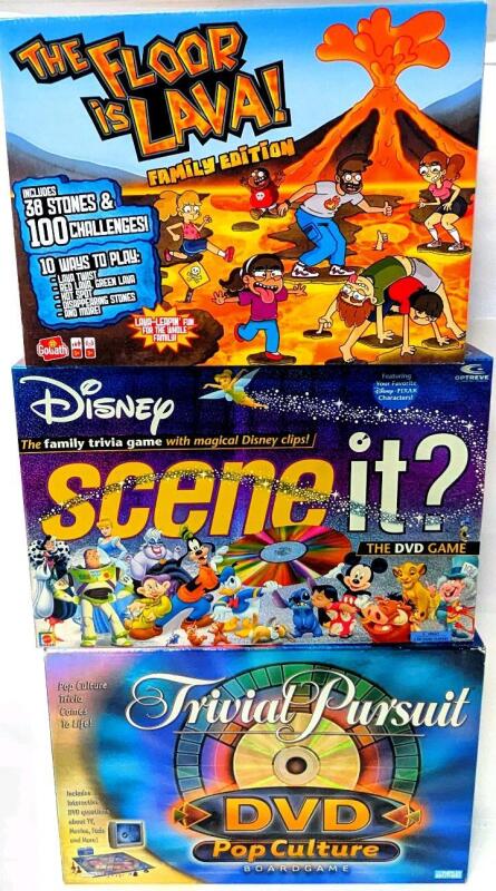 Vintage 2003 TRIVIAL PURSUIT DVD Pip Culture, 2004 Disney SCENE-IT?, 2022 The Floor Is Lava : Family Edition (Contents Not Checked, Sold As-Is)
