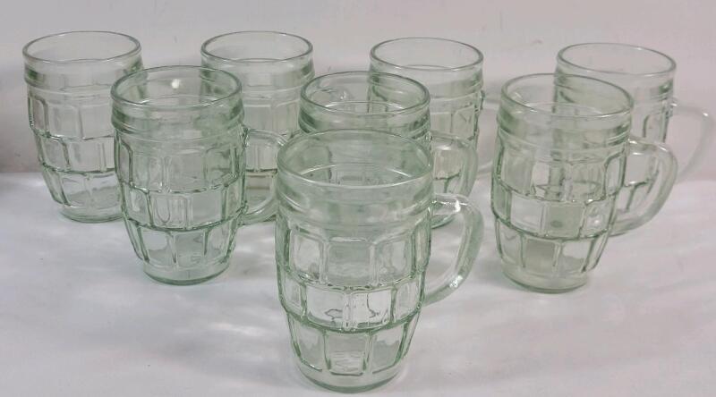 Vintage Set of 8 Clear Glass Mini Barrel Mugs , Slight green tint . Measures 4 &frac14;" tall . Would benefit from cleaning before use