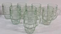 Vintage Set of 8 Clear Glass Mini Barrel Mugs , Slight green tint . Measures 4 &frac14;" tall . Would benefit from cleaning before use