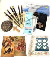 Vintage to Modern Collectables : 2&times; Posters 9.25" &times; 16.4", Table Runner / Table Cloth & Coasters, Silver Plated 6pc Swan Coaster Set, Carved Cross, 6 Pairs Chopsticks, Dutch Delft Blue Cheese Cutter, 1.75" Onyx Camel, New License Plate Shield, Genuine Lea