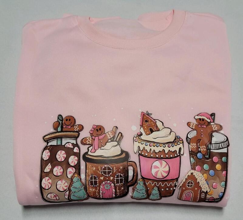 New Women's Size M Gingerbread Print Crew Neck Cozy Christmas Sweatshirt, Pink