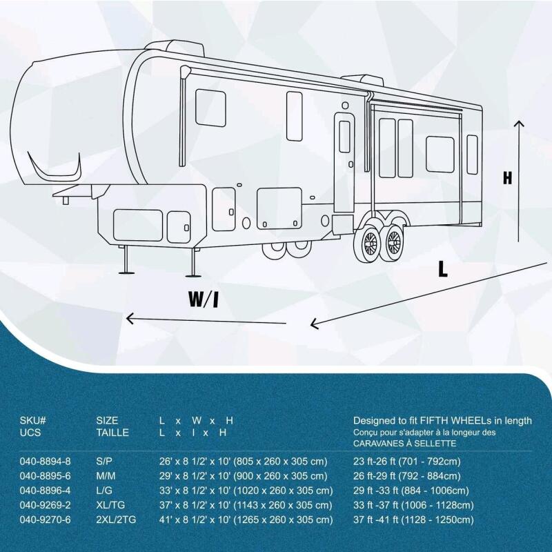 As New Leopard Premium 5th Wheel RV Cover, Fits 29-ft to 33-ft RV. Retails $340 See Photos for Dimensions. [See Description or Warranty Info]