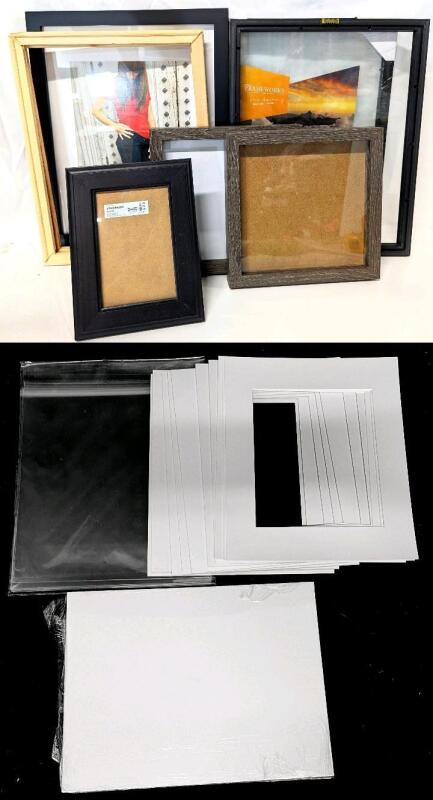 6 Assorted New, As-New & Not Picture Frames Incl: See-Through Picture Frames, Unfinished Wood Frames + Extra Matting/Backing (11" &times; 14", For 7.5" &times; 9.5" Pictures) - Frames Up To 11" &times; 17"
