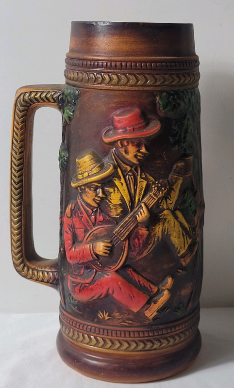 Vintage Ceramic 14" Pitcher . Two (2) Men Playing Guitar & Red Brick House w/Trees . Possibly Made in Japan