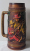 Vintage Ceramic 14" Pitcher . Two (2) Men Playing Guitar & Red Brick House w/Trees . Possibly Made in Japan