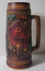 Vintage Ceramic 14" Pitcher . Two (2) Men Playing Guitar & Red Brick House w/Trees . Possibly Made in Japan - 2