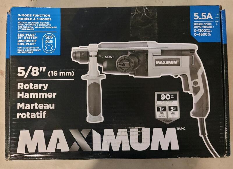 New - MAXIMUM 5.5A 5/8" Corded Variable Speed Rotary Hammer Drill w/Auxiliary Handle . Retail $140