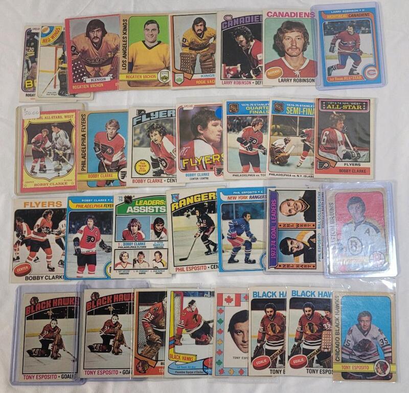 Late 1960s & 70s Bobby Clarke , Phil Esposito , Tony Esposito , Larry Robinson & Rogie Vachon NHL Hockey Trading Card Singles . 30 Trading Cards