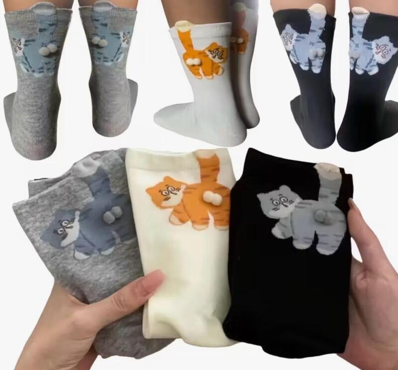 3 Pairs Soft Cute Cat Face Male Cat Fluffy Ball Socks with Tabby, Tuxedo & Calico Patterns, Multi-Color (Grey/White/Black) Hand Washable approximately 7.1 L 3.2 W 4.7&rsquo;&rsquo; high stock photos added