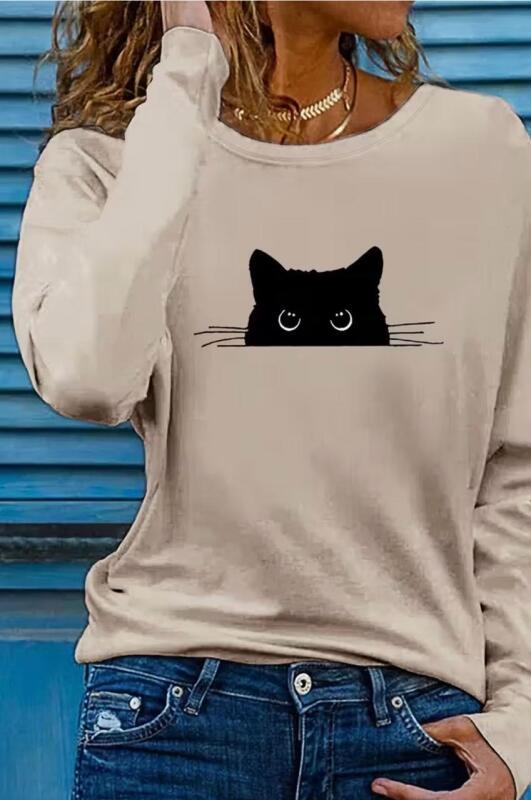 New Women&rsquo;s Size XXL Peeking Black Cat Print Long Sleeve Crew Neck T-Shirt Soft Beige / Apricot Machine Washable 100% Polyester stock photos added
