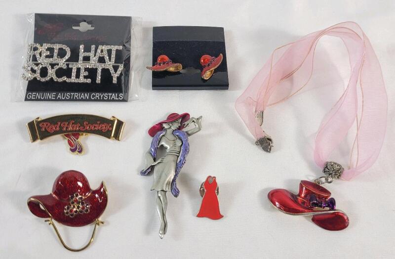 Red Hat Society Jewelry Lot . Includes Earrings , Choker & Brooches