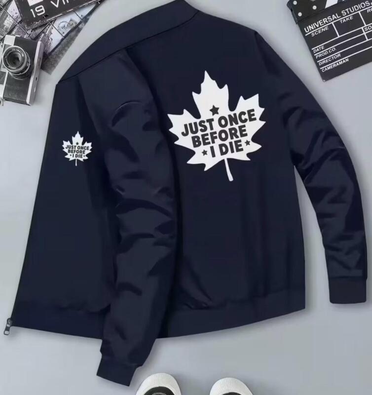 New Men&rsquo;s Size XXL Full-Zip Canadian Maple Leaf & "Just Once in My Life I Die" Print Jacket - Slim-Fit Full-Zip Jacket Machine Washable Polyester Outerwear with Stand Collar Pockets Sporty Full-Zip Jacket with Ribbed Cuffs & Hem stock photos added Star B