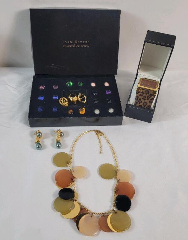 Joan Rivers Jewelry Lot . Includes : Watch (working) , Necklaces , Earring & Earring and Necklace Pendant w/Interchangeable Colored Stones