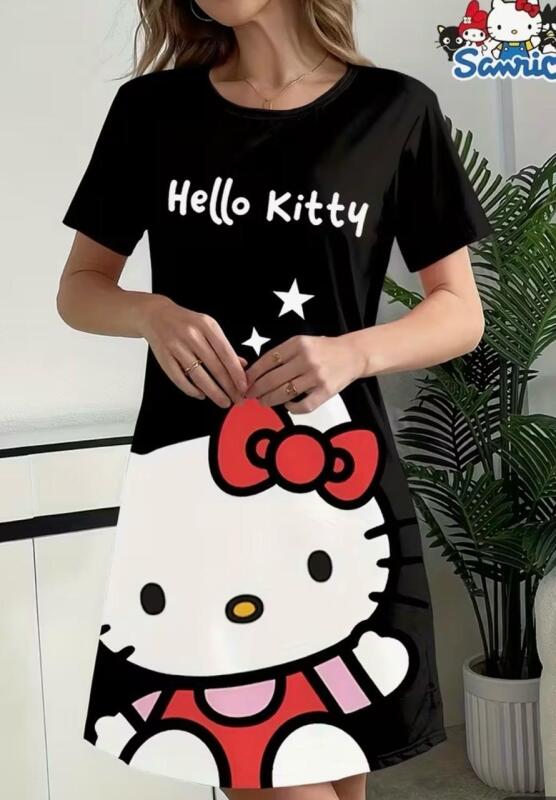 New Size XXL Cute Nightgown Sanrio Hello Kitty Print Women's Round Neck Nightgown 95% Polyester 5% Elastane Machine Wash stock photos added