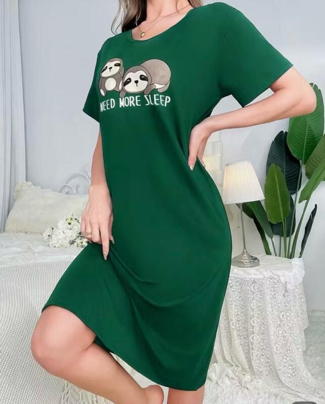 New Size XL Cute Lazy Sloth Bear Printed Long Night Dress Crew Neck, Short Sleeves 95% Polyester, 5% Elastane Machine Washable Stock photos added Lovely Emerald Colour