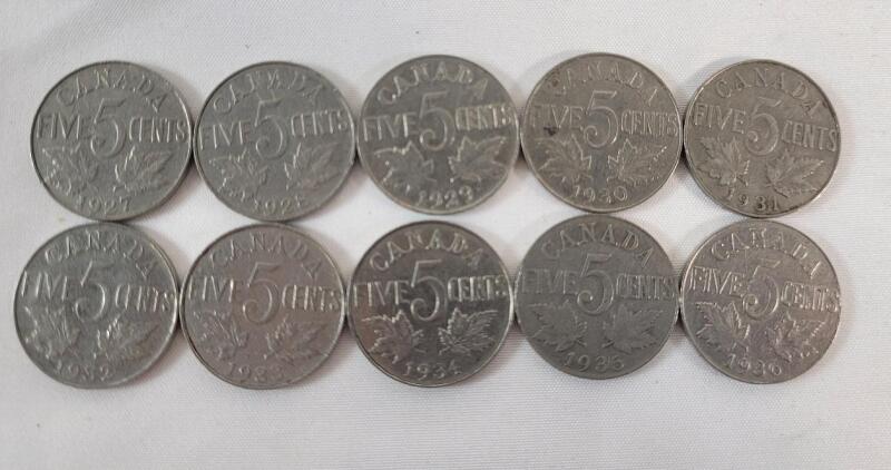 1927 - 1936 Canadian King George V Nickels , Consecutive Run . 10 Coins