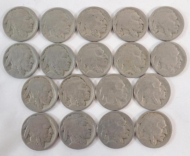 1913 - 1938 USA Indian Head Buffalo Nickels . All Dates Illegible . 18 Coins