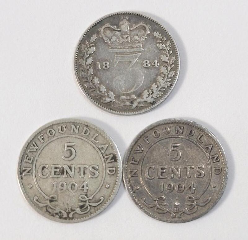 1884 Great Britain Silver 3 Pence Coin & Two (2) 1904 Newfoundland Silver 5 Cent Coins .