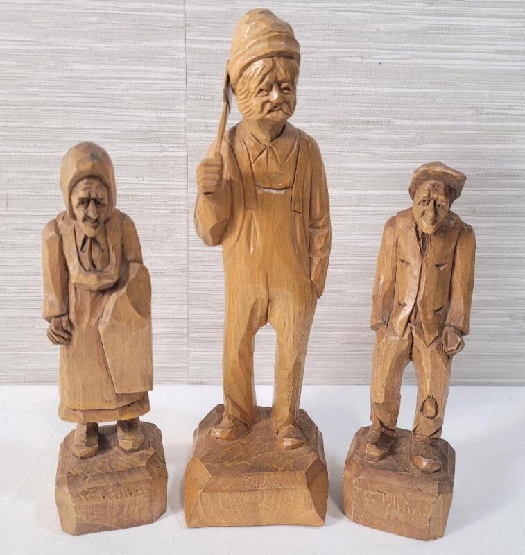 Vintage Signed Quebec Artist Hand Carved Wooden Figures . Measures 7 &frac34;" to 10.5" tall .