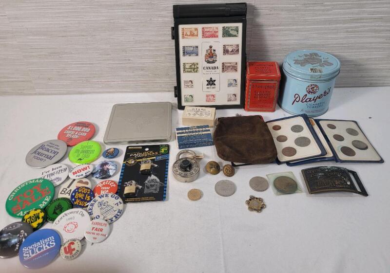 Vintage Junk Drawer Collectables . Tins , Pocket Knife , Locks , Military Buttons , Levi's Belt Buckle , Pin Backs , Coins , Swede Coin Purse