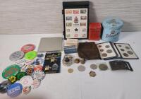 Vintage Junk Drawer Collectables . Tins , Pocket Knife , Locks , Military Buttons , Levi's Belt Buckle , Pin Backs , Coins , Swede Coin Purse
