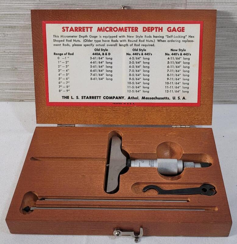 Vintage L S Starrett Micrometer Depth Gage No. 445 w/Original Box.