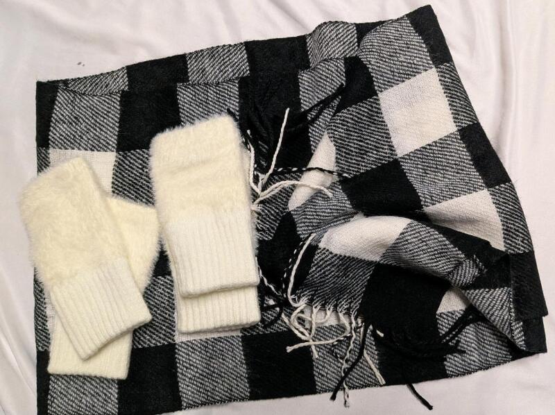 New Winter Apparel. 2 Pairs of One Size Fits Most Fingerless Gloves and a 56" by 12" Scarf