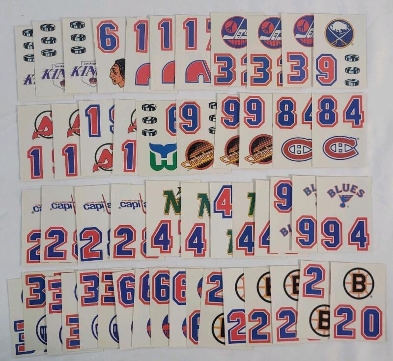 1985 - 89 Topps NHL Hockey Helmet Stickers . Team Logos & Jersey Numbers . 50 Sticker Cards