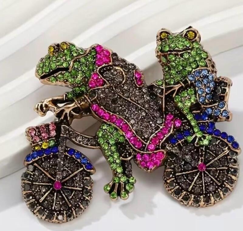 Retro Rhinestone Two Frogs on Bicycle Built for Two bijoux Brooch Approximately 1.75 x 2.20&rsquo;&rsquo; stock photos added