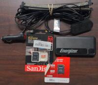 Assorted Tech: Adhesive LED lights for car interior, MicroSD 64GB Sandisk and Lexar Cards with Adapters, and Energizer battery pack 10000mAh