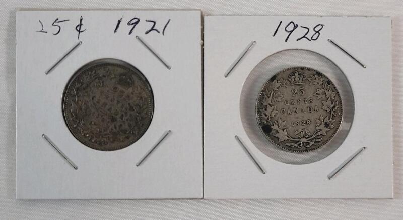 1921 & 1928 Canadian Silver 25 Cent Quarters . Two (2) Coins